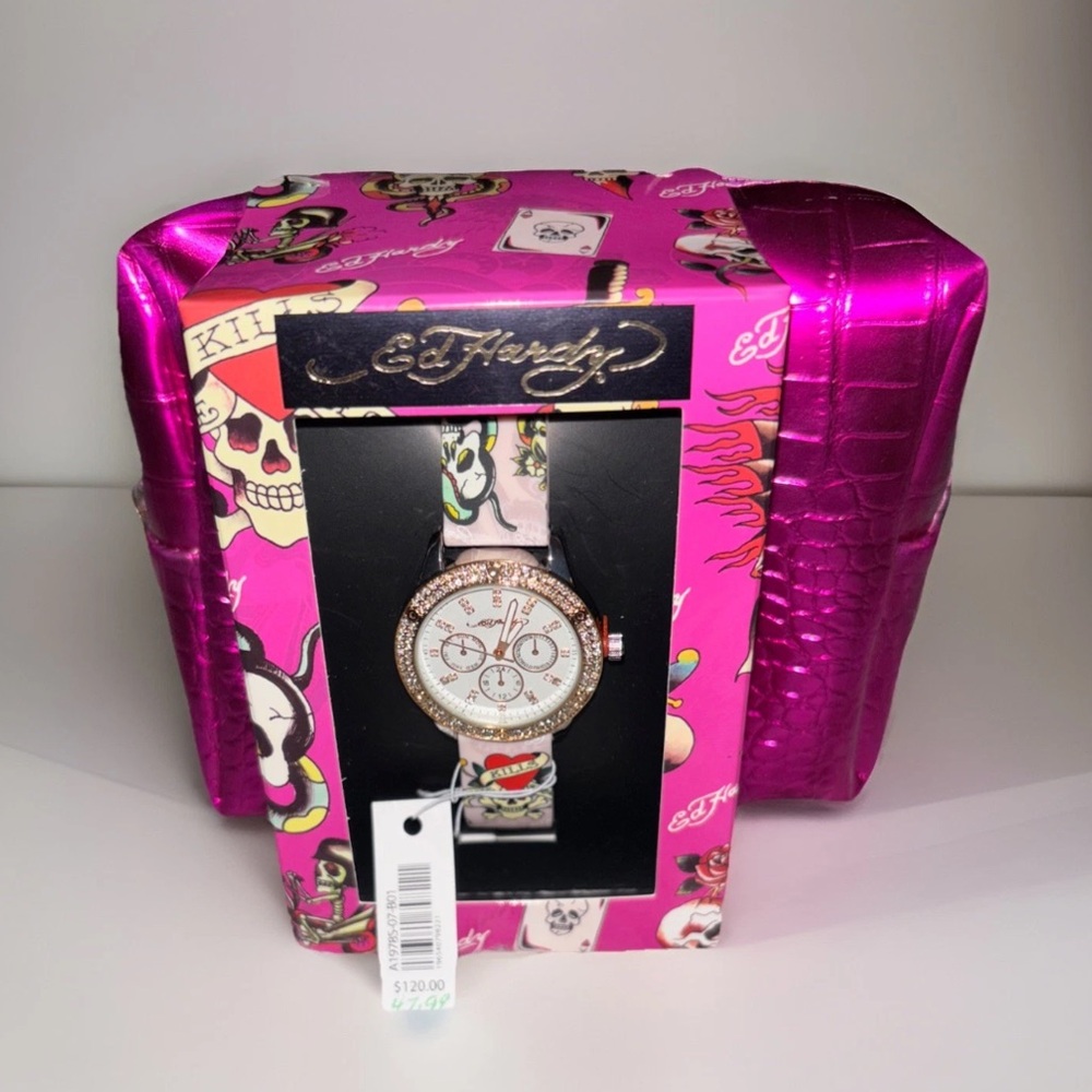 Ed Hardy rhinestone Watch Cosmetic Pouch Bag Love Kills Y2K NWT
